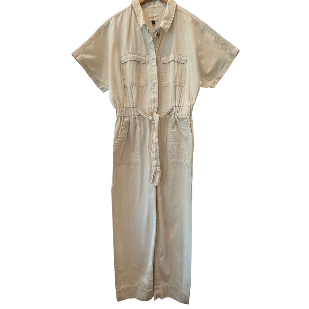 80s Retro Cottagecore Safari Utility Canvas‎ Jumpsuit Short Sleeve Denim Size 10